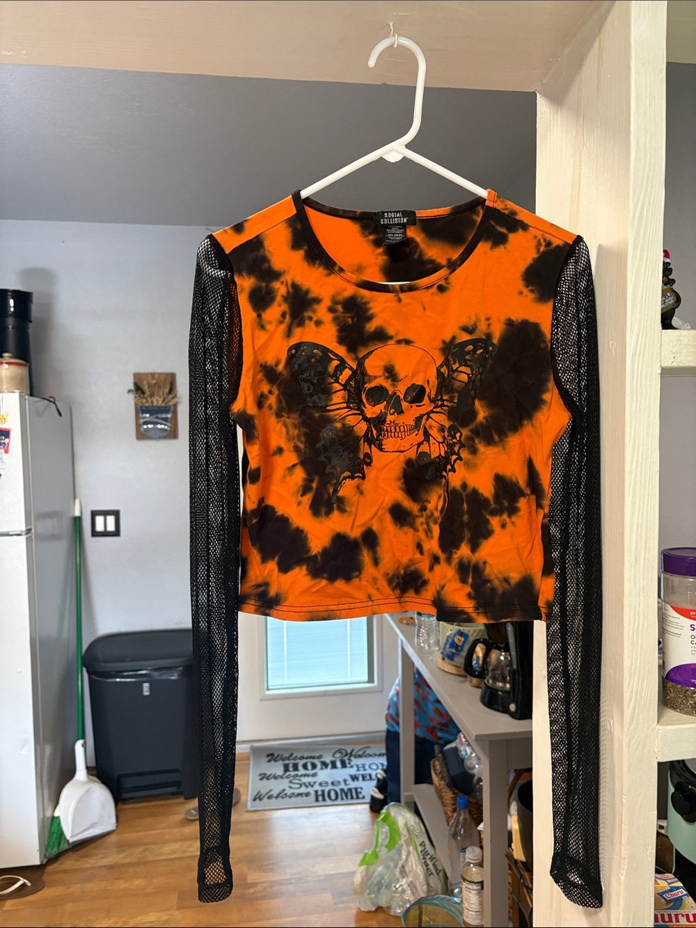 Orange Tie-Dye Skull Crop Top with Black Mesh Sleeves